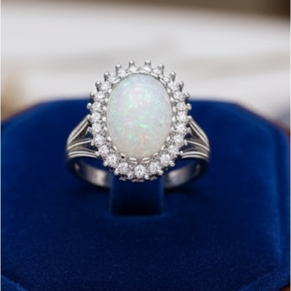Stunning Oval Sunburst Simulated Opal and Diamond Halo Statement Ring - Picture 2 of 7